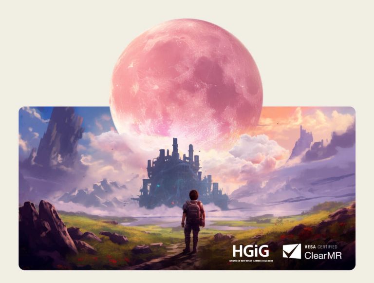 O LG OLED evo AI C6 com Clear Motion mostra uma cena de jogo de uma personagem a caminhar em direção a um castelo sob uma grande lua, com o texto HDR Gaming Interest Group (HGiG) no ecrã a realçar o movimento suave e nítido.