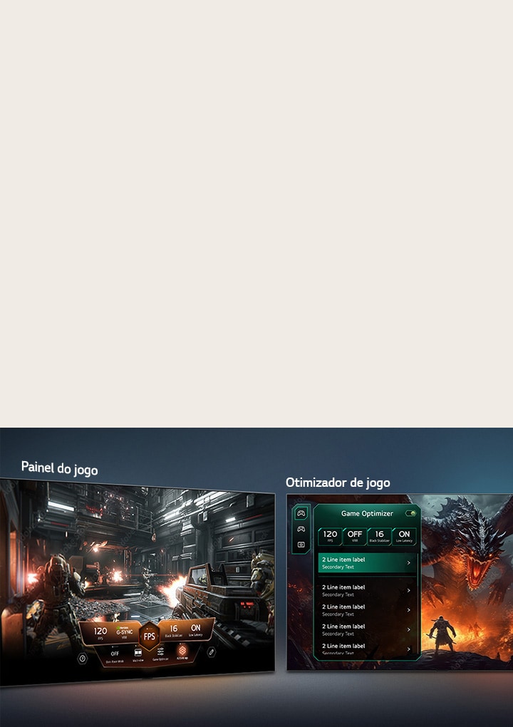 A LG OLED evo AI C6 com Game Dashboard e Optimizer mostra ecrãs de jogos lado a lado e um menu no ecrã para ajustar as definições de jogo, como a taxa de atualização, a latência e os modos visuais em tempo real.