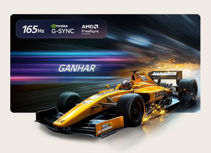 LG OLED evo AI G6 para uma jogabilidade imbatível em 4K 165Hz mostra um jogo de corrida de alta velocidade com um carro amarelo de rodas abertas em movimento, o texto "WIN" em negrito no ecrã e os logótipos NVIDIA G-SYNC e AMD FreeSync Premium na parte superior.