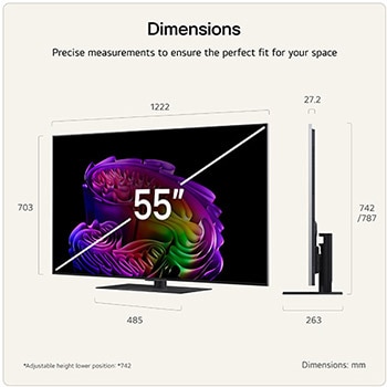 A LG OLED evo AI G6 mostrada nas vistas frontal e lateral destaca um ecrã de 55 polegadas com uma largura de 1222 mm, 703 mm de altura de ecrã, 787 mm de altura com suporte, 27,2 mm de profundidade e uma área de suporte de 485 por 263 mm.