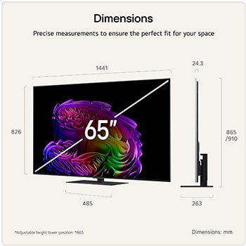 A LG OLED evo AI G6 apresentada nas vistas frontal e lateral destaca um ecrã de 65 polegadas com uma largura de 1441 mm, uma altura de ecrã de 826 mm, uma altura de 910 mm com suporte, uma profundidade de 24,3 mm e uma área de suporte de 485 por 263 mm.