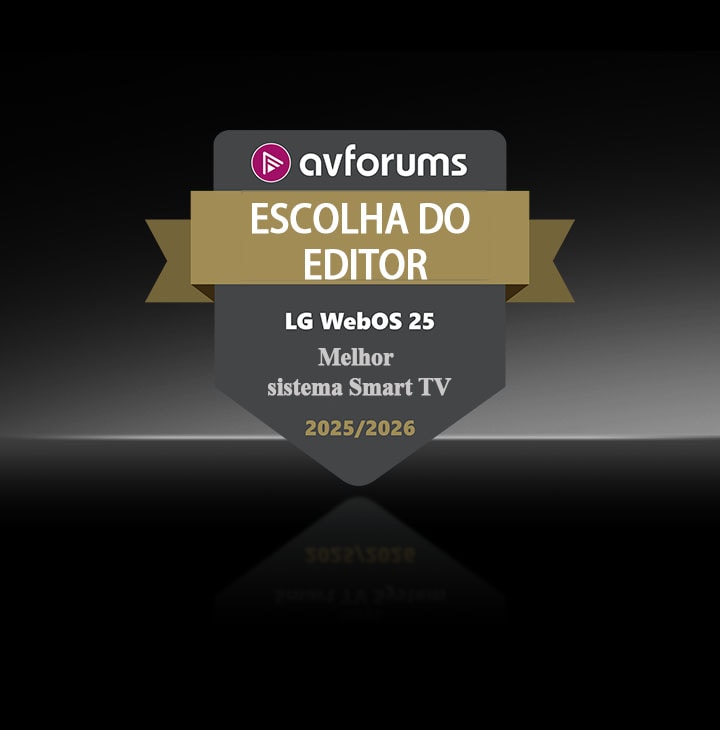 A distinção do AVForums Editor’s Choice é apresentada num fundo escuro para o LG webOS 25, nomeado Melhor Sistema de Smart TV 2025/2026.