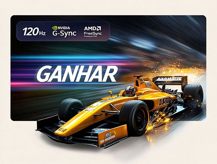 LG OLED evo AI G6 para uma jogabilidade imbatível em 4K 120Hz mostra um jogo de corrida de alta velocidade com um carro amarelo de rodas abertas em movimento, o texto "WIN" em negrito no ecrã e os logótipos NVIDIA G-SYNC e AMD FreeSync Premium na parte superior.