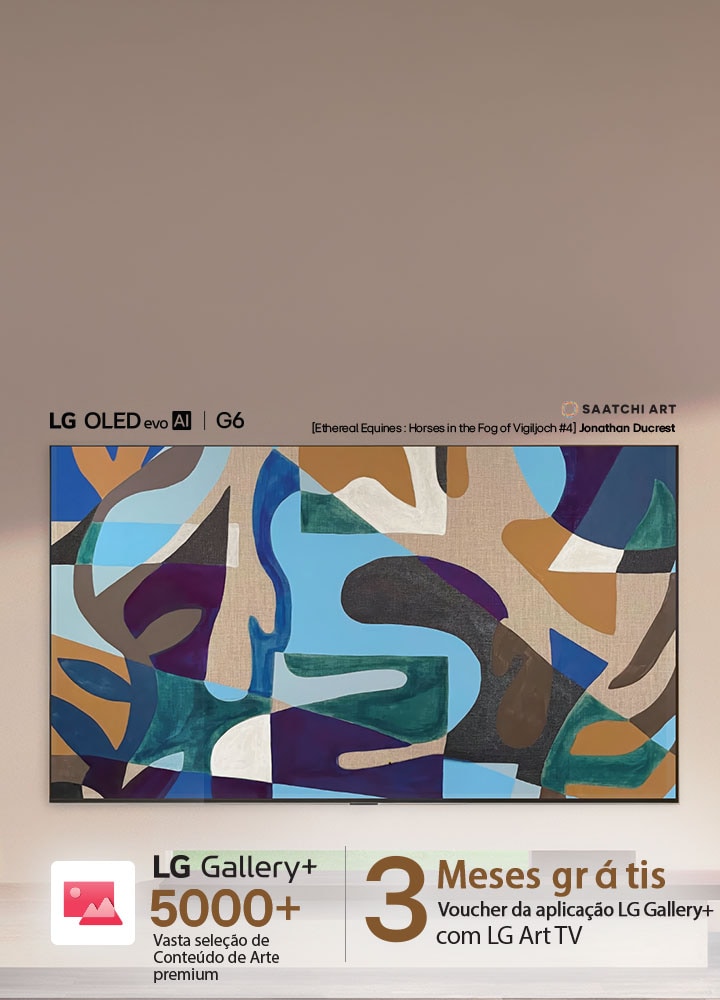 O LG OLED evo AI G6 exibe obras de arte geométricas abstratas do LG Gallery+ no ecrã contra um cenário interior moderno, destacando que um voucher grátis de 3 meses para LG Gallery+ permite o acesso a mais de 5 000 obras de arte premium.