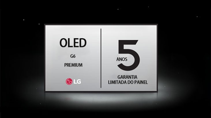 Um logótipo de Garantia limitada de 5 anos do painel para o Premium OLED G6 num fundo escuro, representando tranquilidade contra preocupações de burn-in OLED.