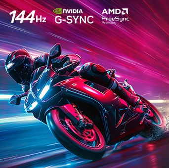 A LG OLED AI B6 para uma experiência de jogo imbatível em 4K 144Hz mostra um jogo de corrida de motos em alta velocidade, com os logótipos NVIDIA G-SYNC e AMD FreeSync Premium exibidos na parte superior.