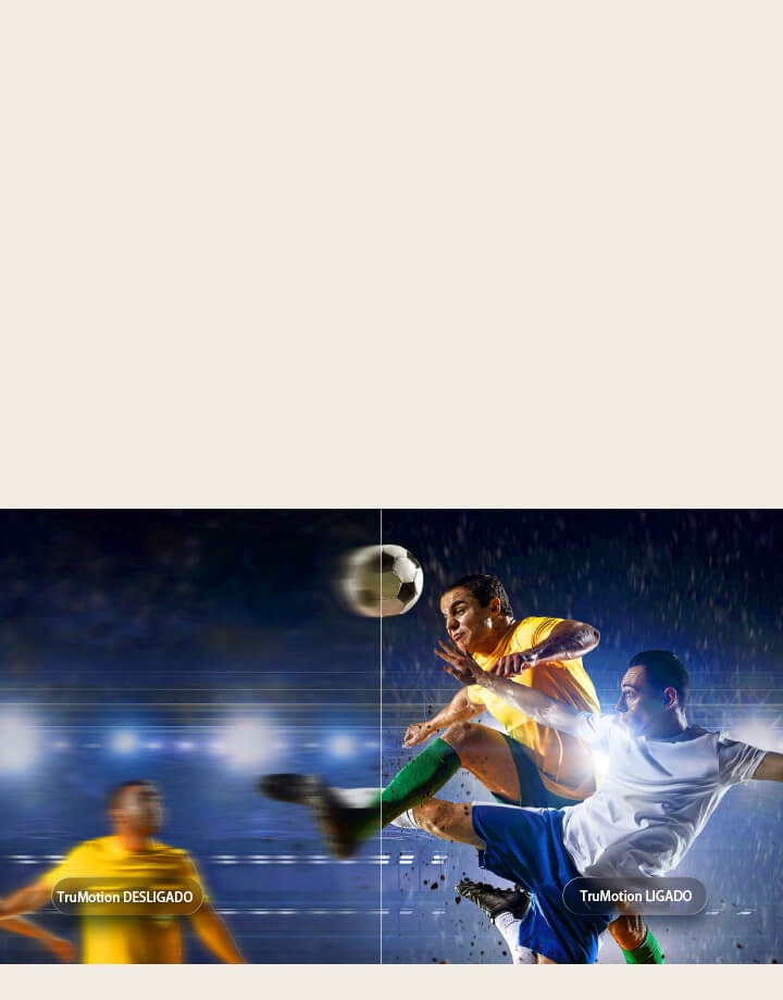 A LG OLED AI B6 com TruMotion destaca a suavização de movimentos numa cena de futebol em ecrã dividido, contrastando a ação desfocada com o TruMotion desligado e o movimento nítido e claro com o TruMotion ligado para enfatizar a clareza em desportos de ritmo acelerado.