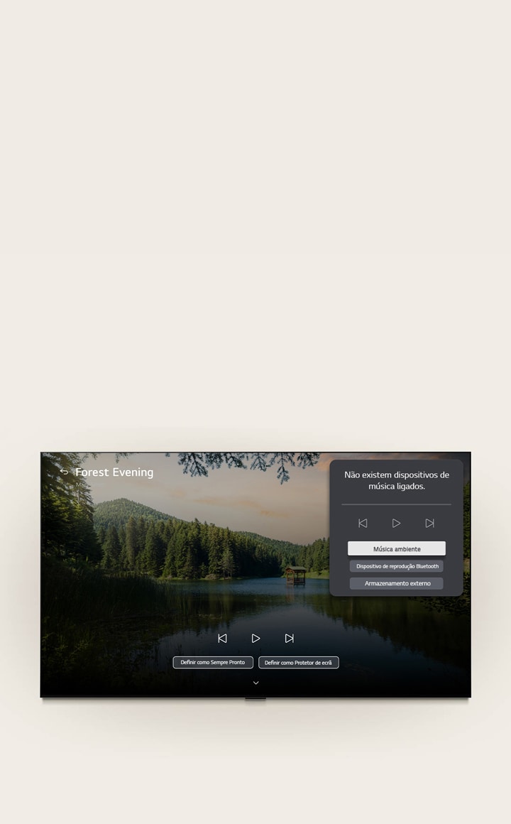LG OLED AI B6E’s LG Gallery+ with BGM and Music Lounge shows the “Forest Evening” forest lake scene on screen, with a visible music lounge UI panel for mood music, Bluetooth playback, and controls. 
