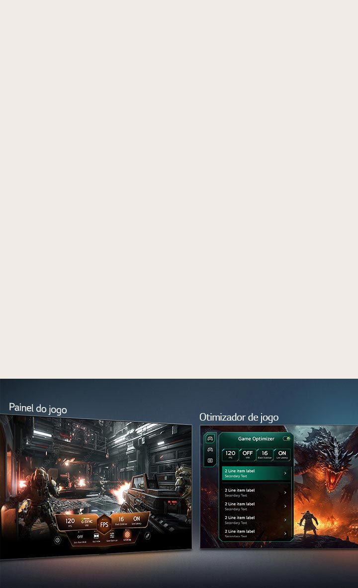 A LG OLED AI B6E com Game Dashboard e Optimizer mostra ecrãs de jogos lado a lado e um menu no ecrã para ajustar as definições de jogo, como a taxa de atualização, a latência e os modos visuais em tempo real.