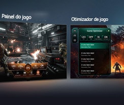 A LG QNED evo AI QNED80 Mini LED com Game Dashboard e Optimizer mostra ecrãs de jogos lado a lado e um menu no ecrã para ajustar as definições de jogo, como a taxa de atualização, a latência e os modos visuais em tempo real.