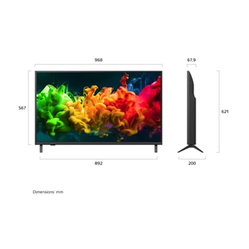 A LG QNED evo AI QNED80 Mini LED apresentada em vista frontal e lateral destaca um ecrã de 43 polegadas com 968 mm de largura, 567 mm de altura de ecrã, 621 mm de altura com suporte, 67,9 mm de profundidade de perfil e uma área de suporte de 892 por 200 mm.
