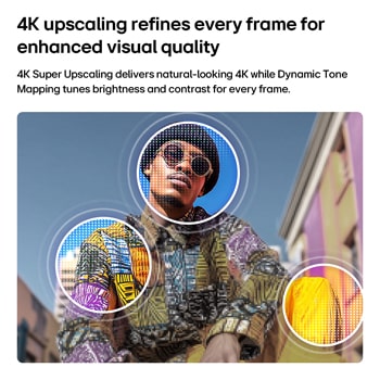 A LG QNED evo AI QNED80 Mini LED com 4K Super Upscaling e Dynamic Tone Mapping mostra uma cena exterior de baixo ângulo de um homem entre edifícios coloridos, enquanto a IA reconhece a cena e melhora cada fotograma para uma resolução de 4K.