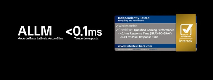 ALLM (Modo de Baixa Latência Automático), tempo de resposta de <0,1ms e o selo de certificação Intertek aparecem contra um fundo escuro.