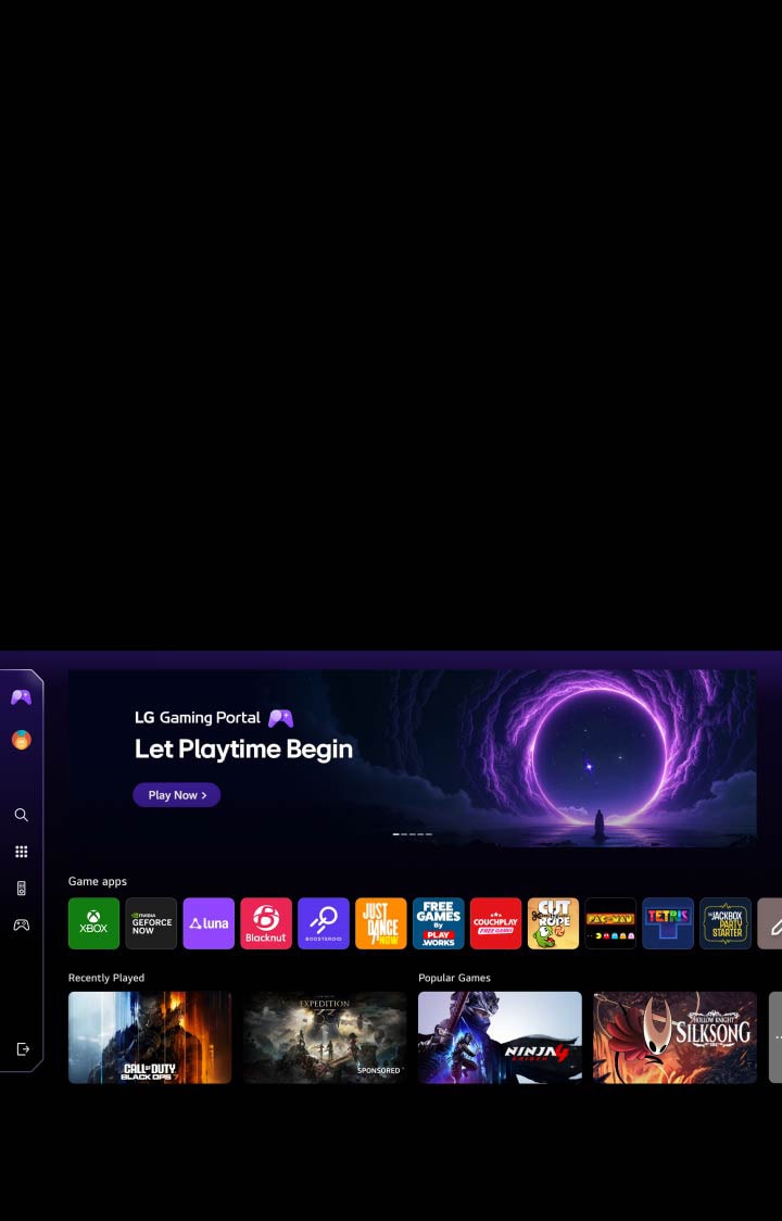 A LG OLED evo TV apresenta o LG Gaming Portal com um layout de hub de jogos, combinando conteúdo em destaque e mosaicos de jogos numa interface unificada que se expande para fornecer acesso ao Xbox Cloud Gaming, GeForce NOW e aplicações de jogos webOS.