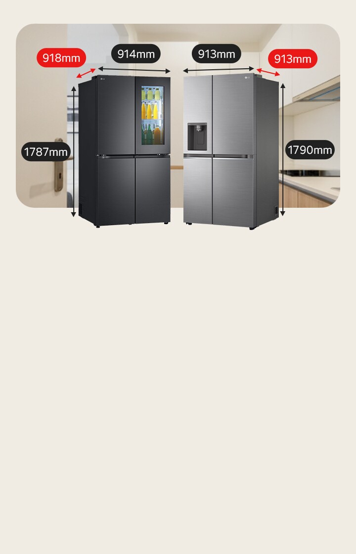 طراز أسود داكن بأربعة أبواب متعددة مع لوحة زجاجية في الجزء العلوي الأيمن. طراز فضي ببابين مع موزع مياه في الجزء العلوي الأيسر.