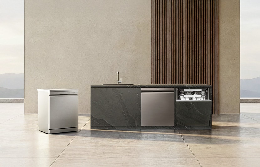 LG dishwasher integrated into an outdoor kitchen island with a modern design and clean minimal surroundings.