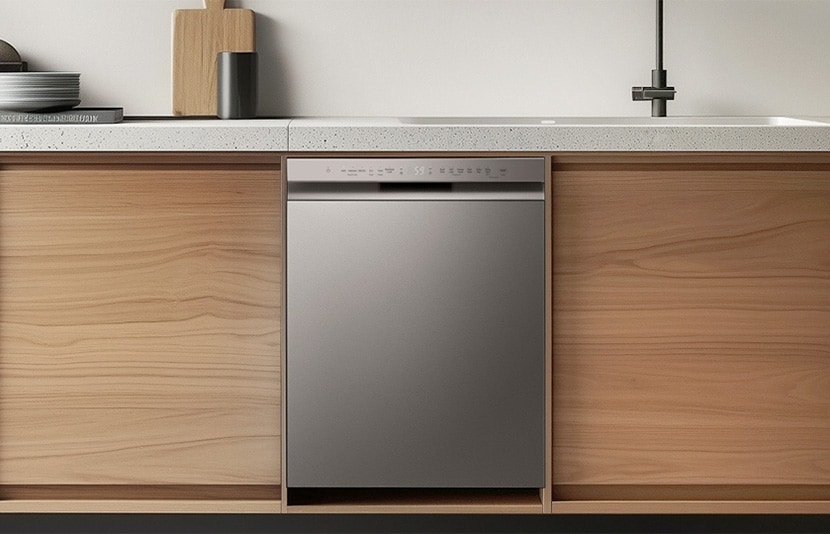 LG built-under dishwasher installed beneath countertop with exposed control panel in a modern kitchen setting.