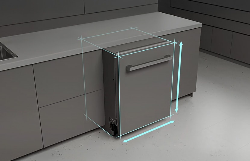 LG dishwasher installed under countertop with dimensions highlighted for installation and space planning.
