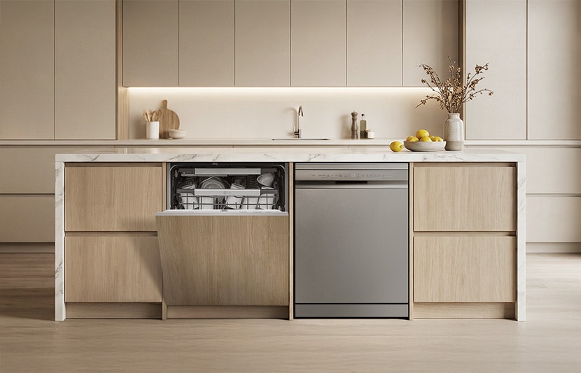 LG dishwasher integrated into a modern kitchen island with panel-ready design and open door showing loaded dishes.