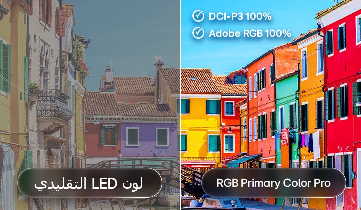 تتميز تقنية RGB Primary Color Pro، المستخدمة في LG Mini RGB evo AI MRGB85، بصورة مقسمة تقارن ألوان LED التقليدية على اليسار بمباني أكثر إشراقًا وتشبعًا على اليمين، مما يبرز تغطية DCI-P3 بنسبة 100% وتغطية Adobe RGB بنسبة 100%.