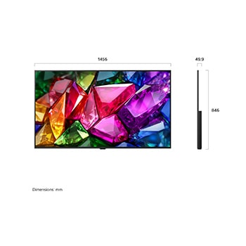 يُظهر LG Mini RGB evo AI MRGB9M في الصور الأمامية والجانبية شاشة مقاس 65 بوصة بعرض 1677 ملم، وارتفاع إجمالي 972 ملم، وعمق فائق النحافة يبلغ 51.6 ملم بدون حامل.