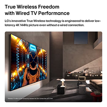 يتم تثبيت LG Mini RGB evo AI MRGB9M على الحائط في غرفة عصرية مع مشهد سينمائي، مما يوضح جودة الصورة 4K ومعدل تحديث 144Hz وزمن استجابة منخفض، حيث توفر حرية لاسلكية حقيقية مع أداء تلفزيون سلكي من خلال Zero Connect Box.