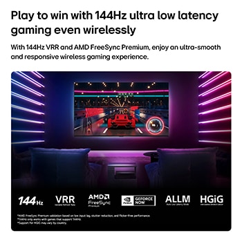 تقدم LG Mini RGB evo AI MRGB9M ألعابًا لاسلكية مثالية مع عرض لعبة سباق غامرة، مما يوفر ألعابًا لاسلكية بزمن انتقال منخفض مع دعم 144Hz وVRR وAMD FreeSync وALLM وHGiG وGeForce NOW.