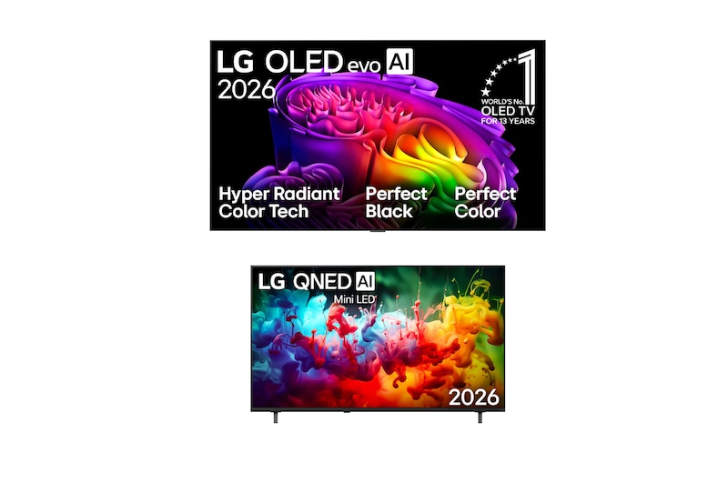 صورة أمامية لـ تلفزيون LG OLED evo AI G6 4K Smart TV 2026 مقاس 65 بوصة + تلفزيون LG QNED AI QNED7E Mini LED 4K Smart TV 2026 الذكي مقاس 65 بوصة OLED65G66LW.65QNED
