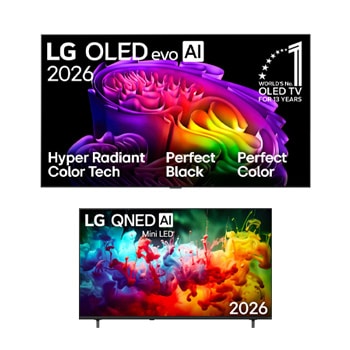 صورة أمامية لـ تلفزيون LG OLED evo AI G6 4K Smart TV 2026 مقاس 65 بوصة + تلفزيون LG QNED AI QNED7E Mini LED 4K Smart TV 2026 الذكي مقاس 65 بوصة OLED65G66LW.65QNED