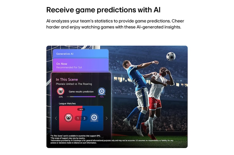 يعرض تلفزيون LG QNED evo AI QNED80 Mini LED توقعات رياضية عبر AI Concierge أثناء بث مباشر لمباراة كرة قدم، مع لوحة ذكية على الشاشة تقدم تنبؤات وتحليلات للمباراة وبيانات الدوري، مما يُظهر كيفية استخدام الذكاء الاصطناعي لتوقّع نتائج المباريات. 