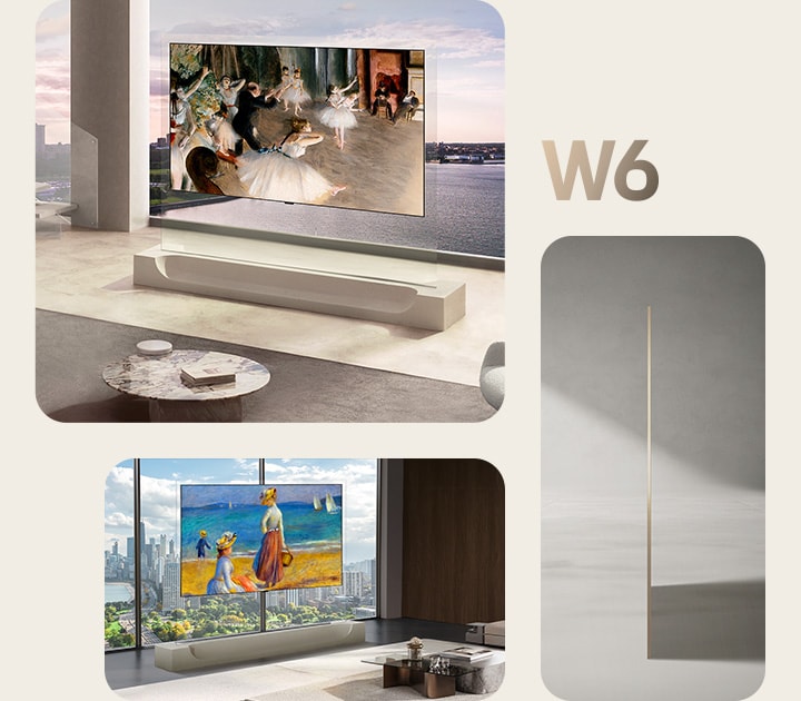 تلفزيون LG OLED evo AI W6 Wallpaper بتصميم نحيف من فئة 9 مم يندمج بسلاسة في تصميم داخلي عصري لبرج شاهق، ويعرض أعمالًا فنية ومشاهد طبيعية، بالإضافة إلى عرض جانبي يبرز نحافته الفائقة.