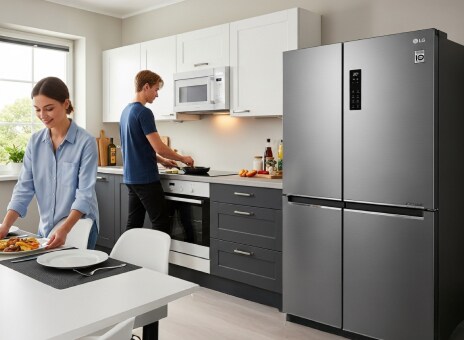 Couple cooking together in modern kitchen with LG French door refrigerator blending into contemporary interior design.	