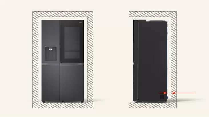 Front and side views of LG refrigerator with line drawing frames and arrows showing required installation clearance space.	