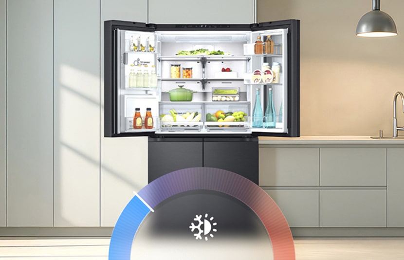 LG refrigerator with open doors showing organized food storage and temperature control graphic.