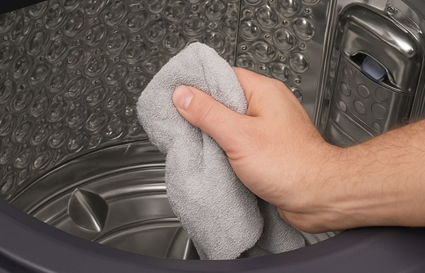 LG front load washing machine drum being wiped with a soft cloth showing easy maintenance for hygienic washing performance	