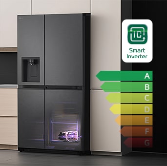 A diagram of a tall refrigerator showing its cooling technology. A bright blue graphic illustrates airflow circulating inside, moving from top to bottom.