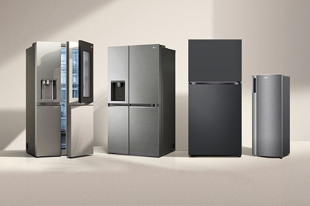 Four LG refrigerator models lined up from left to right: a silver Side-by-Side fridge with Door-in-Door feature, a four-door Multi-Door fridge with a dispenser, a dark grey Top Freezer fridge, and a slim silver 1-Door fridge.