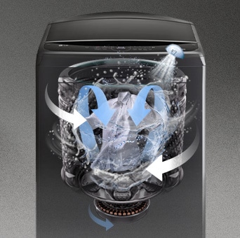 Top load washer with swirling 3D water streams showing rapid and thorough cleaning.