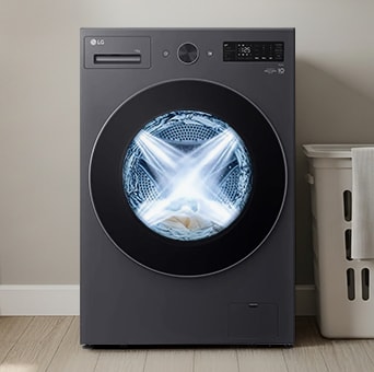 LG Front Load washer with AI DD™ in a bright laundry room.