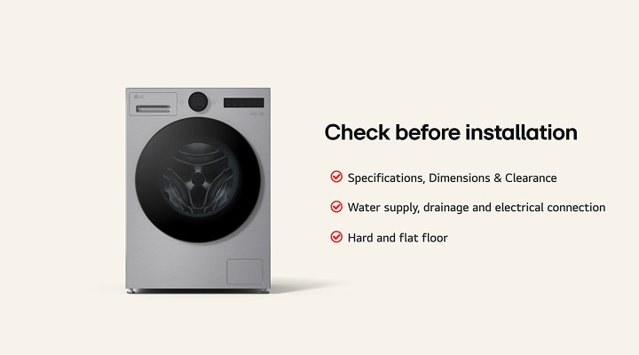 LG front load Washing Machine in silver finish with installation checklist points displayed alongside.