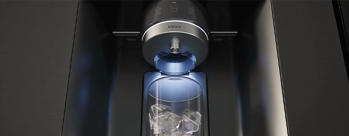 LG fridge freezer with UVnano technology sanitizing water dispenser for hygiene.