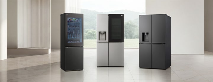 LG fridge freezer lineup including multiple door styles displayed in a minimal interior setting.
