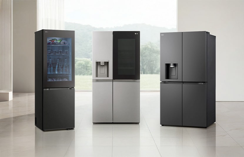 LG fridge freezer lineup including multiple door styles displayed in a minimal interior setting.