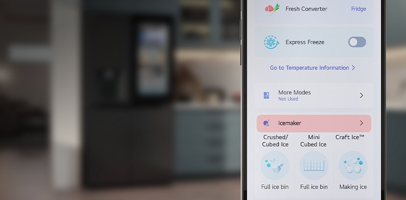 A smartphone screen shows the LG ThinQ app.