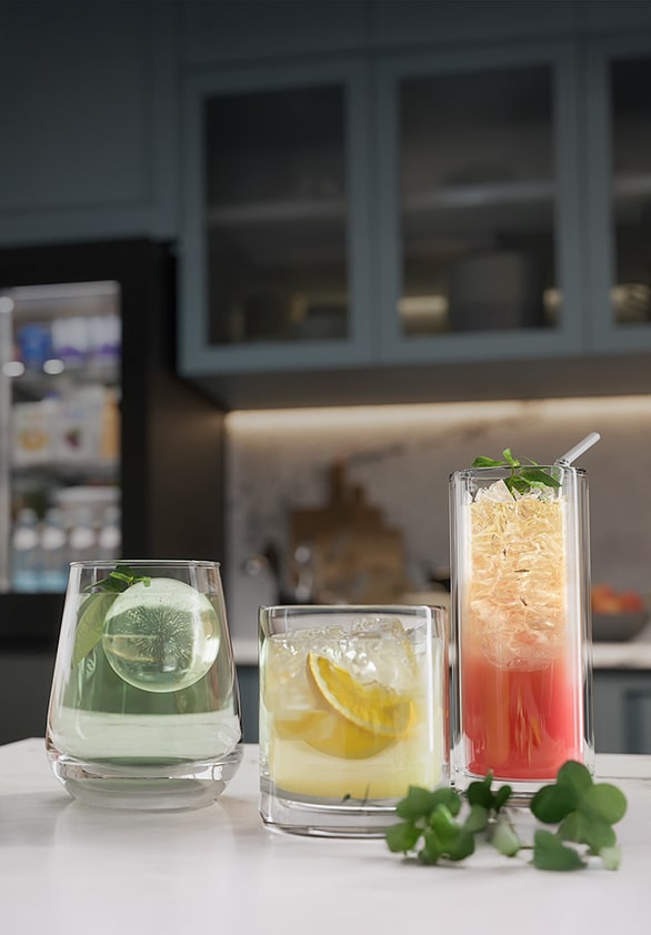 Each glass contains a beverage with a different type of ice.