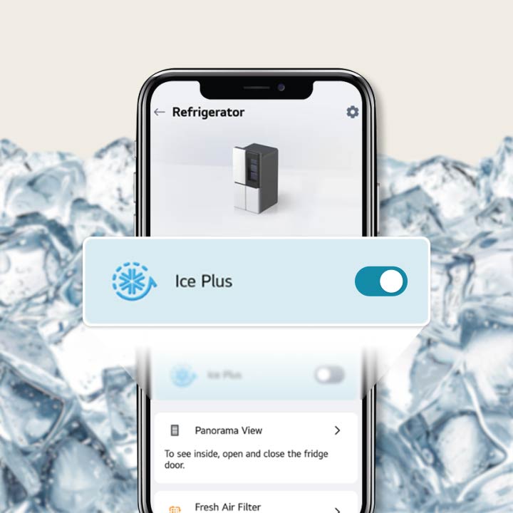 LG ThinQ app screen showing Ice Plus control with ice cubes in the background.