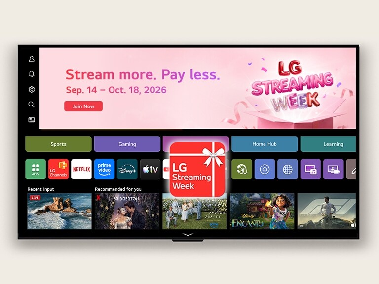 webOS Home UI featuring an LG Streaming Week banner and app icon, with streaming apps and recommended content displayed on screen.	