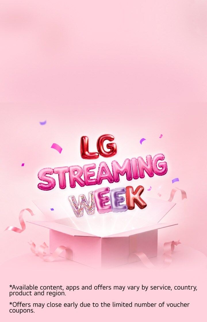 Colorful balloon-style “LG Streaming Week” lettering rises from an open pink gift box, surrounded by ribbons and confetti on a soft pink background.