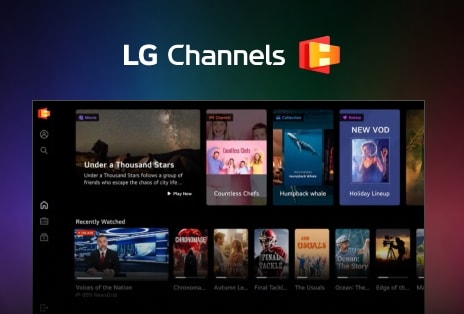 LG Channels home interface features a visually appealing layout, showcasing a selection of recently watched content and highlighted titles.