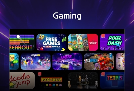 Gaming interface features a colorful design, displaying a selection of casual games available on LG TV with the Gaming title displayed at the top.